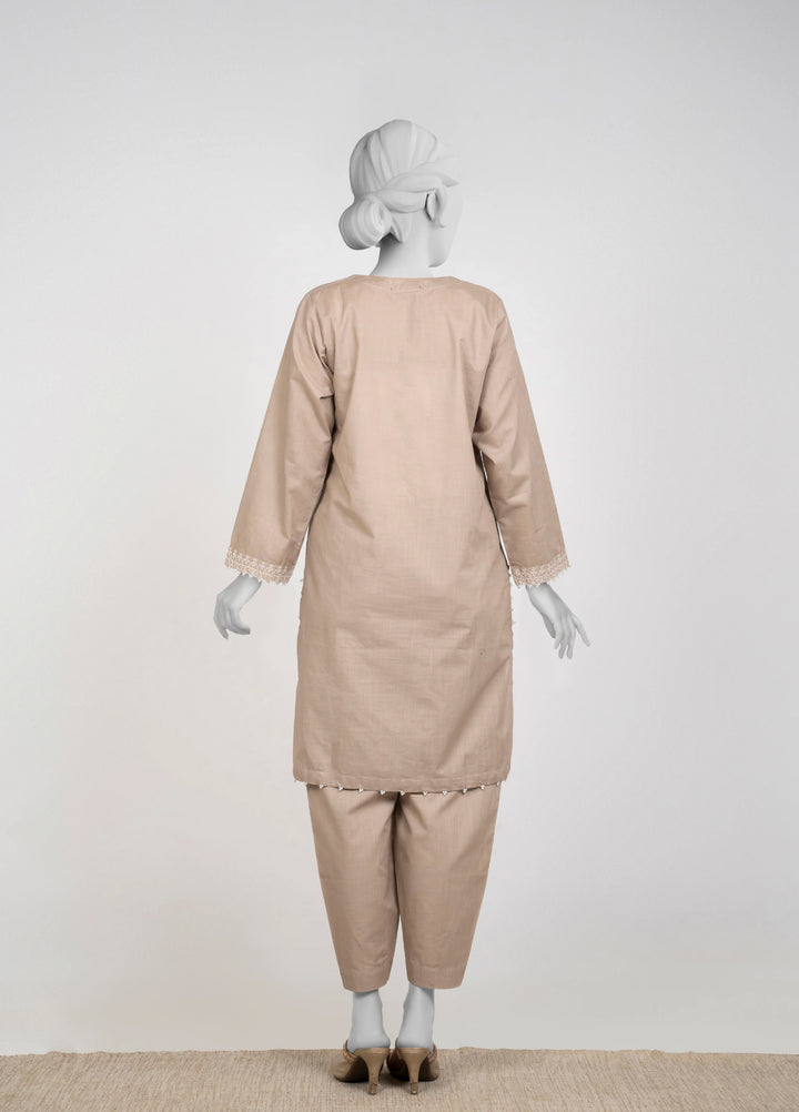 Ayla Studio Women Pret Chambray Solid Embroidered 2-Piece RTW Mushroom Beige - Winter Collection