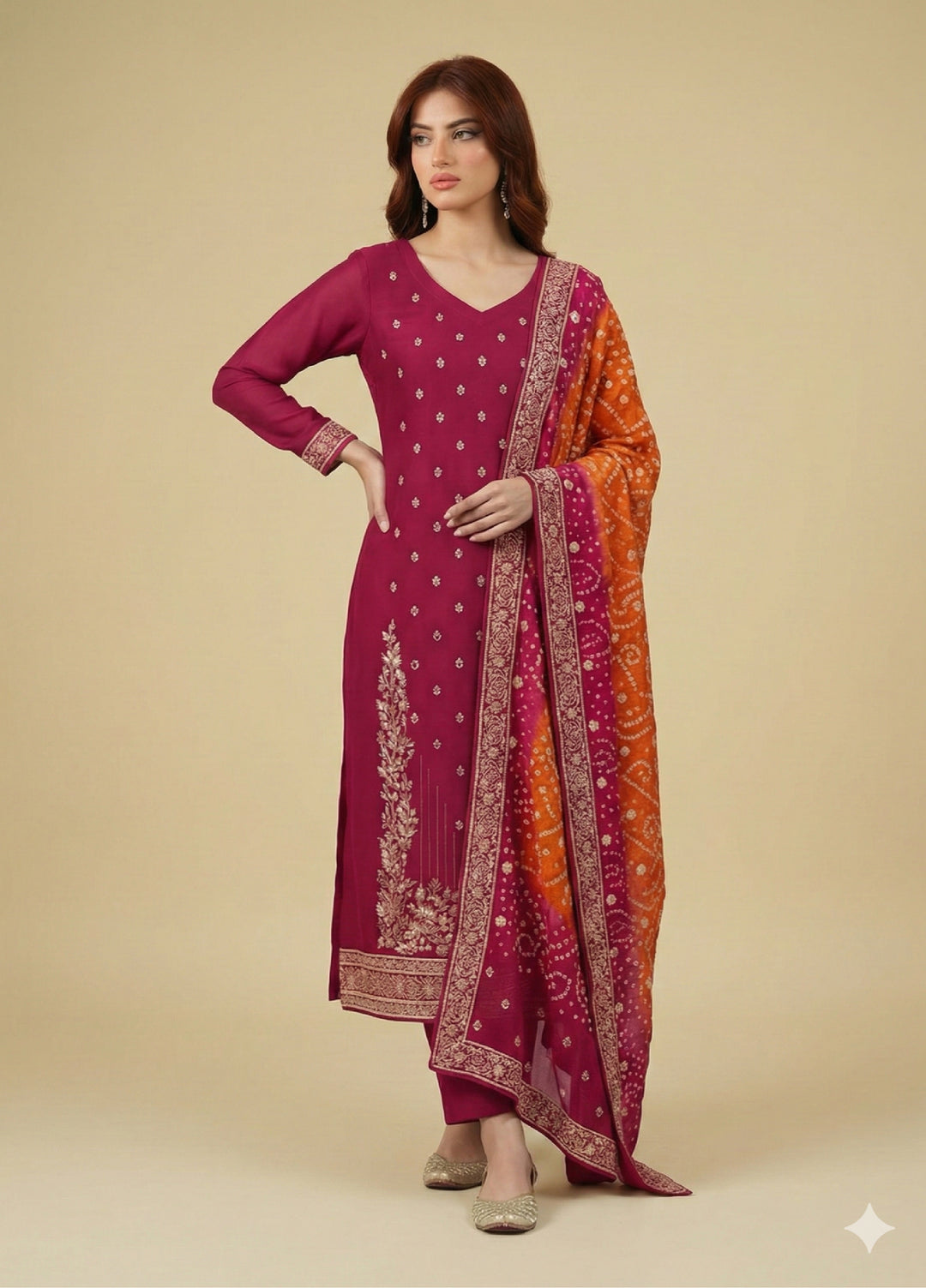 Satrang by Zouj Unstitched Chunri Chiffon Embroidered Suits 3 Piece ZJ25SC ZJCH-0033 Pink - Festive Collection