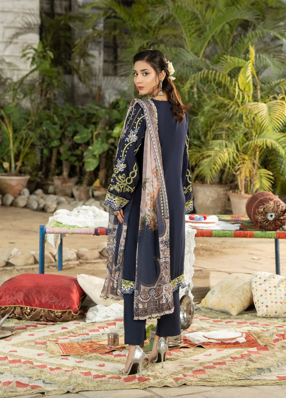 Dhaga Women RTW Embroidered Cotton 3 Piece DHG26PCN Royal azure - Eid Collection