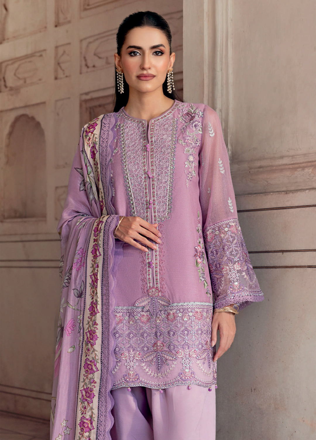 M basics by Maria B Unstitched Organza Embroidered Suits 3 Piece MB25WF D-802 Lilac - Winter Collection