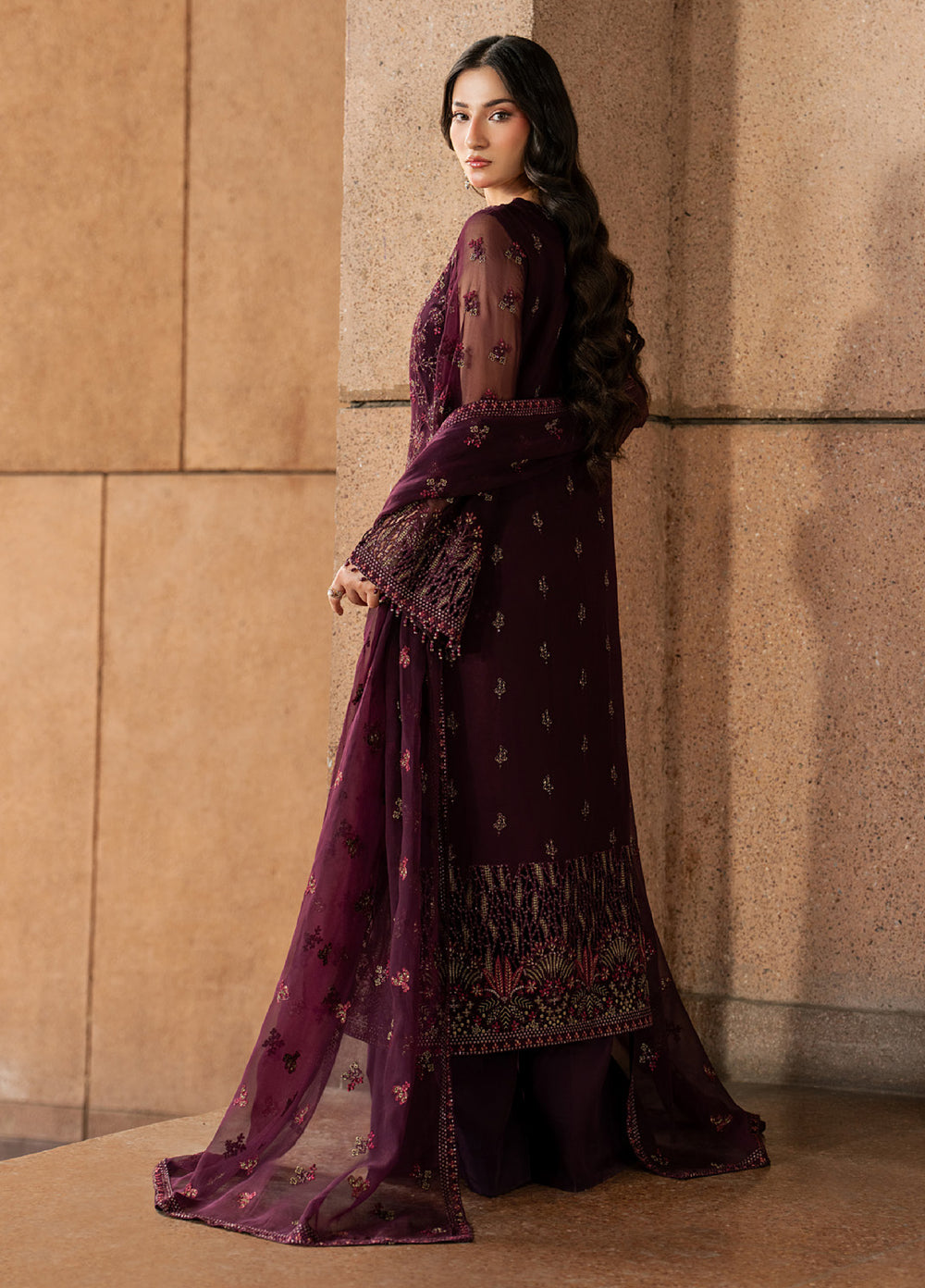 Lazawal by Lavish Premium Unstitched Embroidered Chiffon 3 Piece Suit LVP26UCL Maroon Majesty - Festive Collection