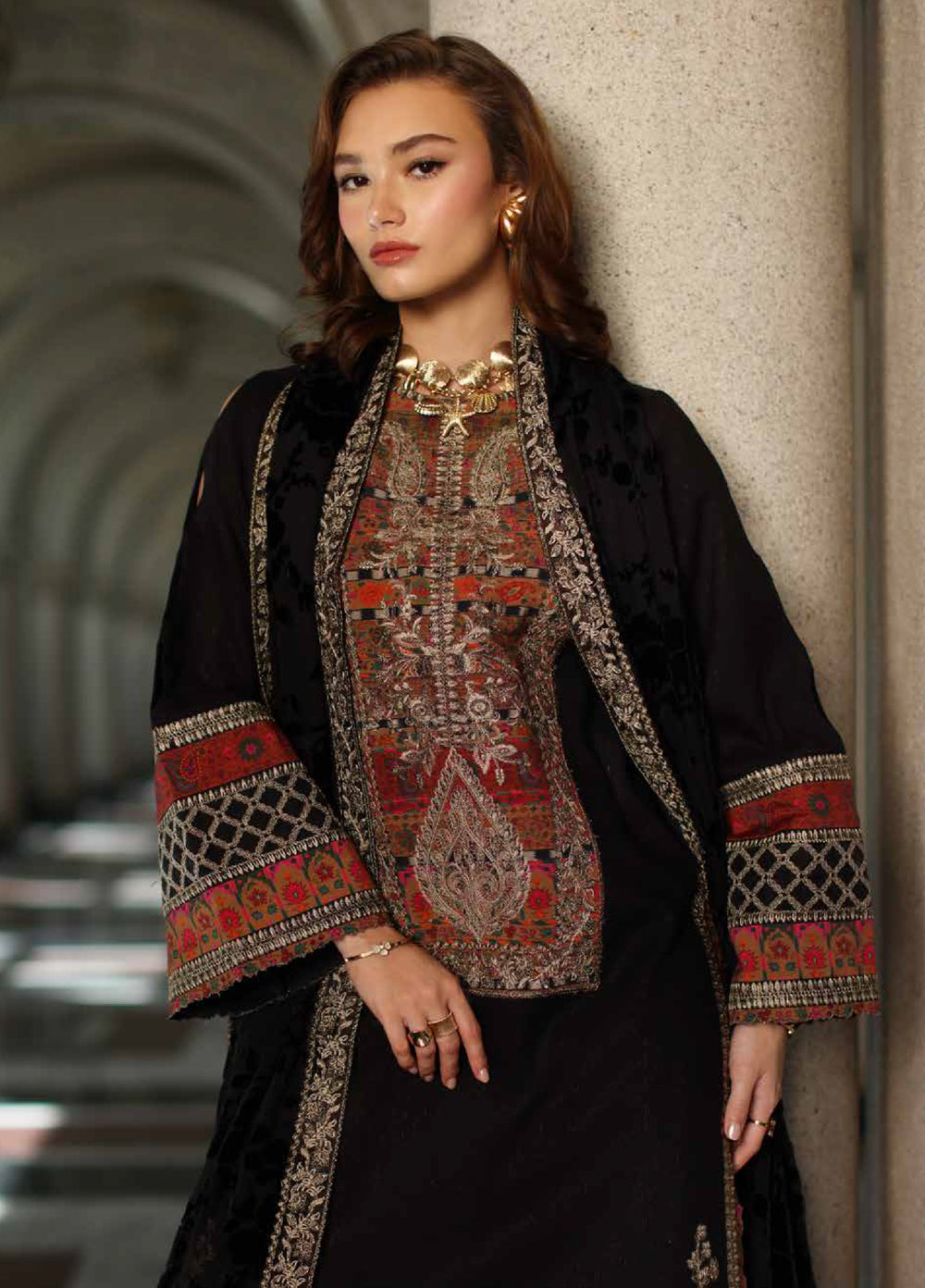 Poshima by Charizma Unstitched Peach Leather Embroidered Suit with Velvet Shawl 3 Piece CRZ25LW PSW5-21 - Winter Collection