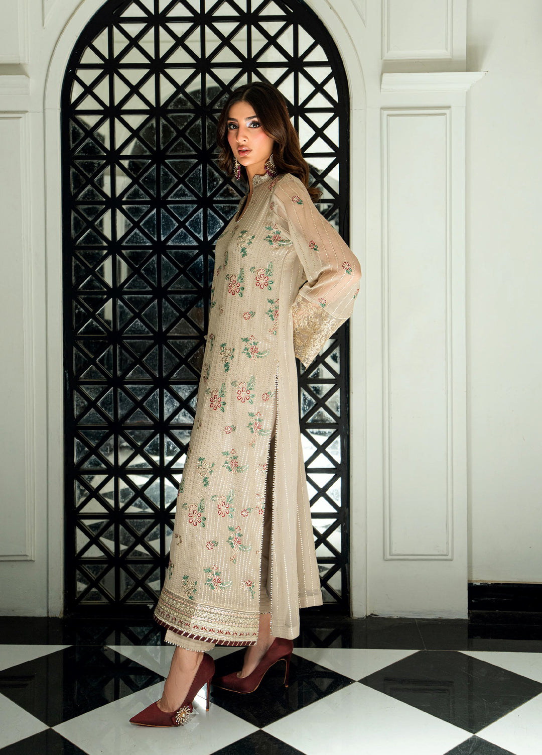 Maison d'or by Sahane Unstitched Embroidered Chiffon 3 Piece Suit CT-27005 CHAMPAGNE - Festive Collection