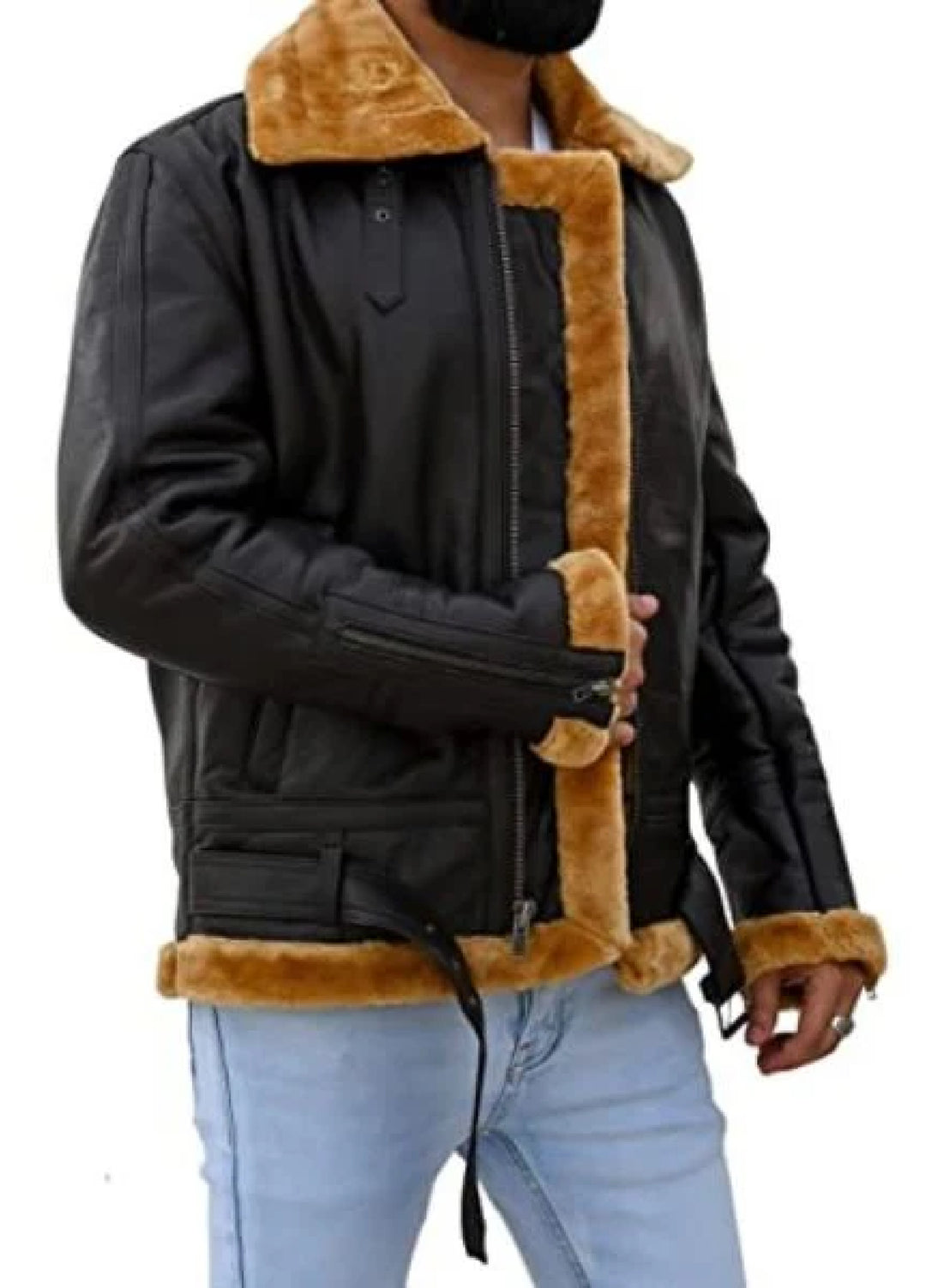 Jild Bomber Jacket Solids Mens Premium Shearling Fur Leather Jacket Brown - Winter Collection