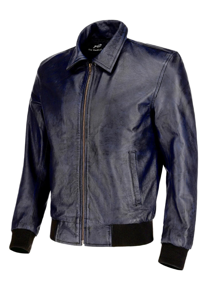 Jild Bomber Jacket Solids Mens Zipper Vintage Bomber Polo Leather Jacket Blue - Winter Collection