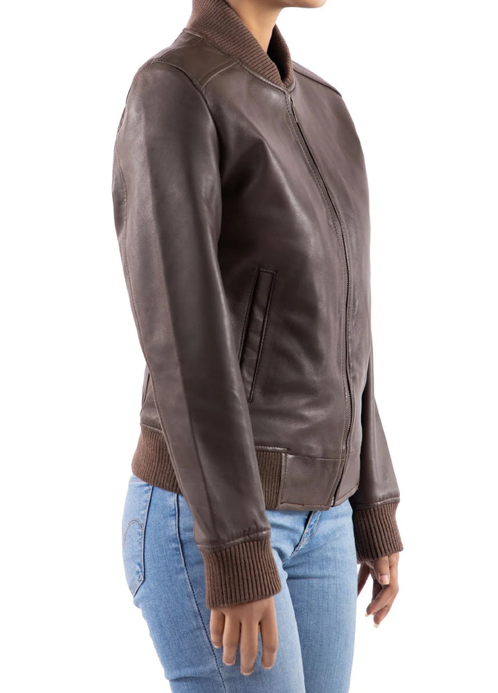 Jild Bomber Jacket Solids Womens Bomber Leather Jacket Brown - Winter Collection