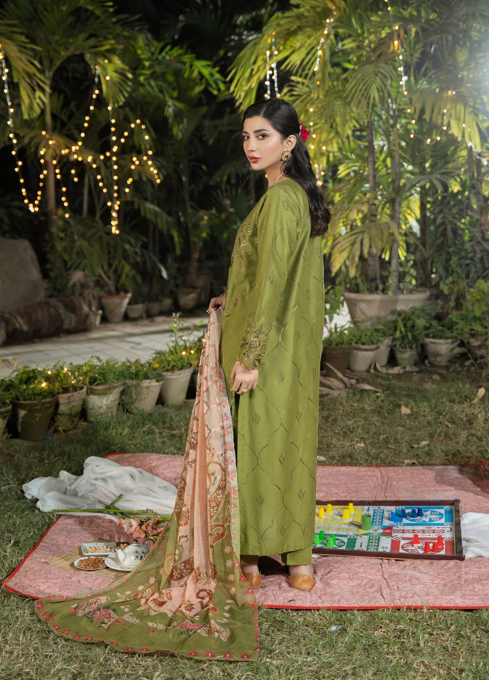 Dhaga Women RTW Embroidered Cotton 3 Piece DHG26PCN Olivkovyy - Eid Collection