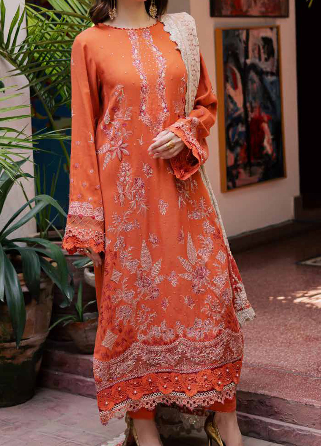 Nureh Exclusive Unstitched Luxury Leather Peach Embroidered Suits 3 Piece NU25LV NE-184 - Festive Collection