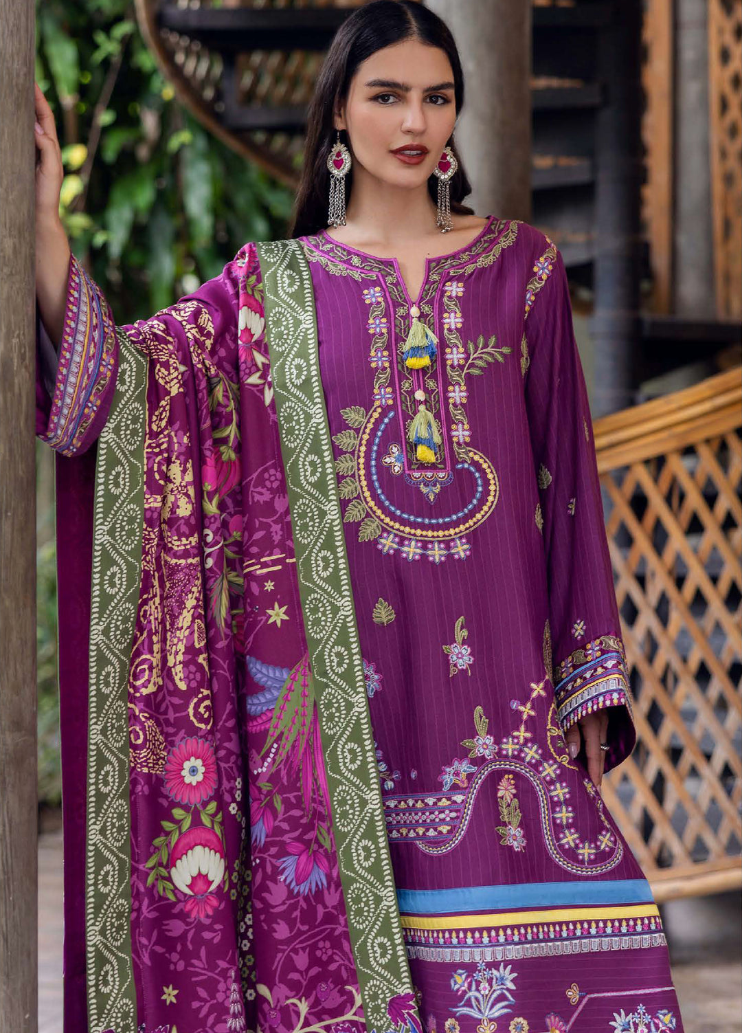 Symphony Hemline by Mushq Unstitched Karandi Embroidered 3 Piece MU25SK Plum Swirl - Winter Collection