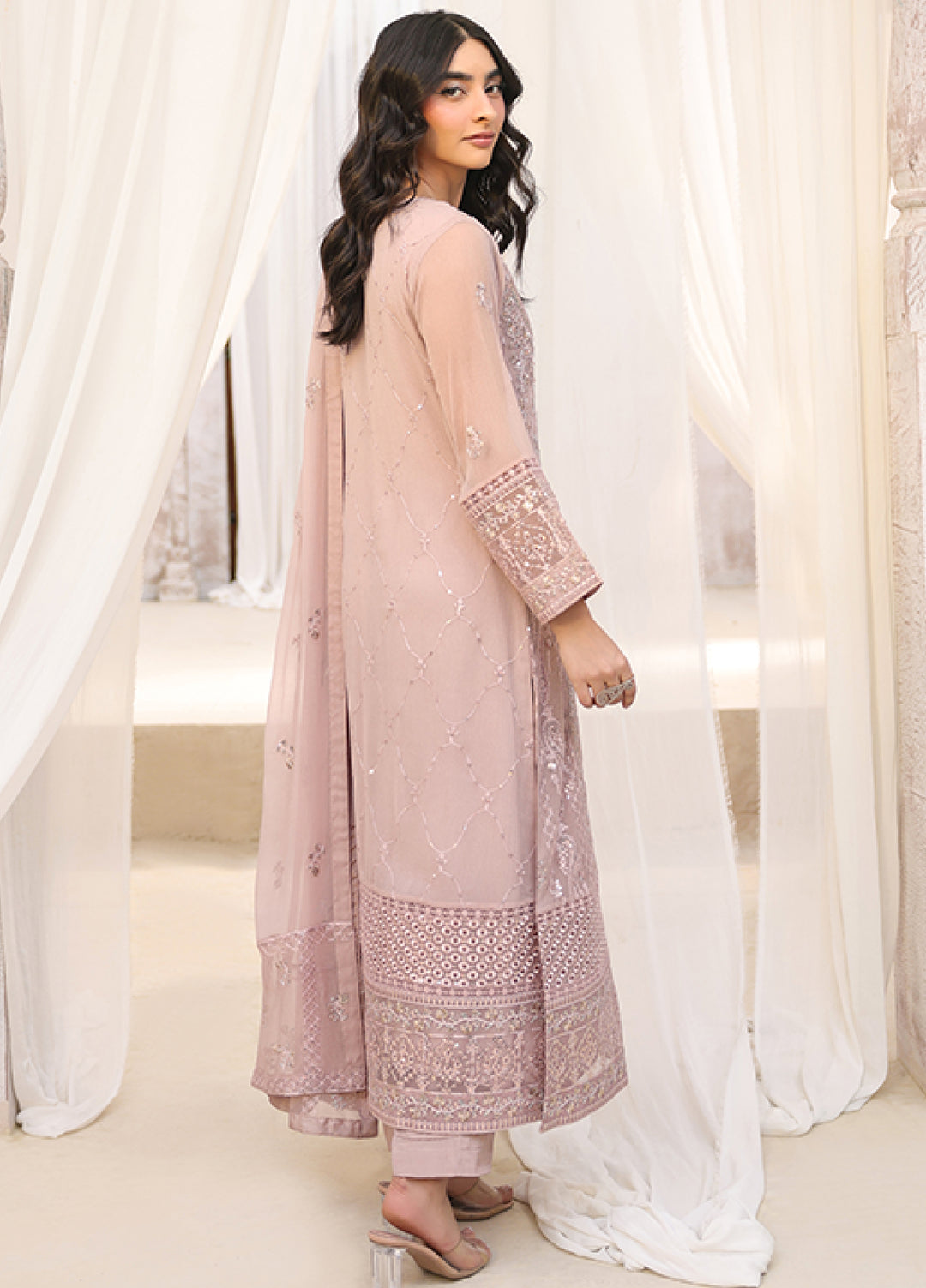 Lamhay by Shamooz Unstitched Embroidered Chiffon 3 Piece Suit SHM26UL Tea Rose - Festive Collection
