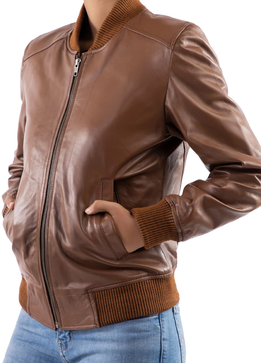 Jild Bomber Jacket Solids Womens Bomber Leather Jacket Cognac - Winter Collection