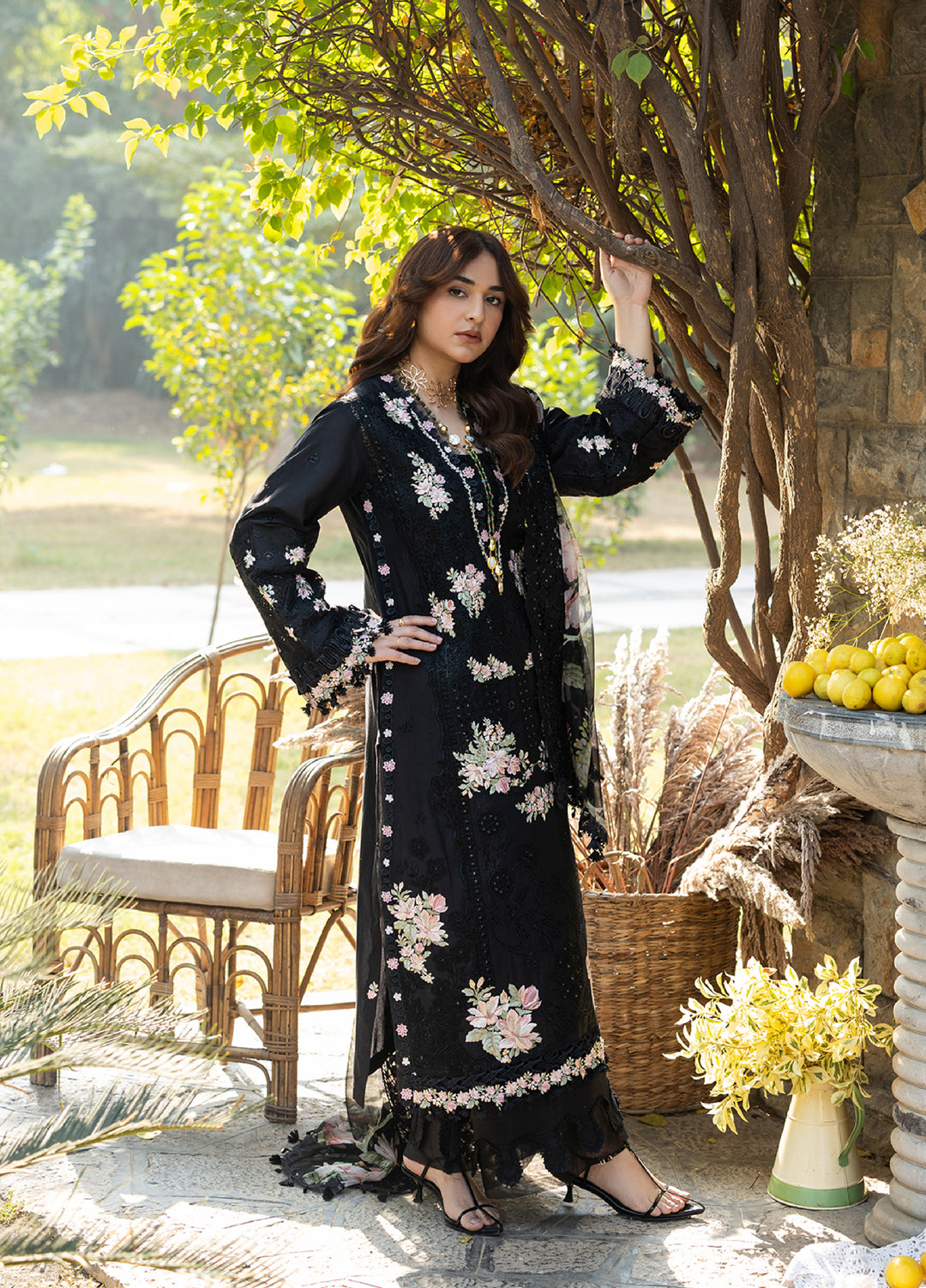 Elaf Premium Unstitched Embroidered Luxury Lawn 3 Piece Suit EL26UPL ELY-2B MIDNIGHT BLOSSOM - Summer Collection