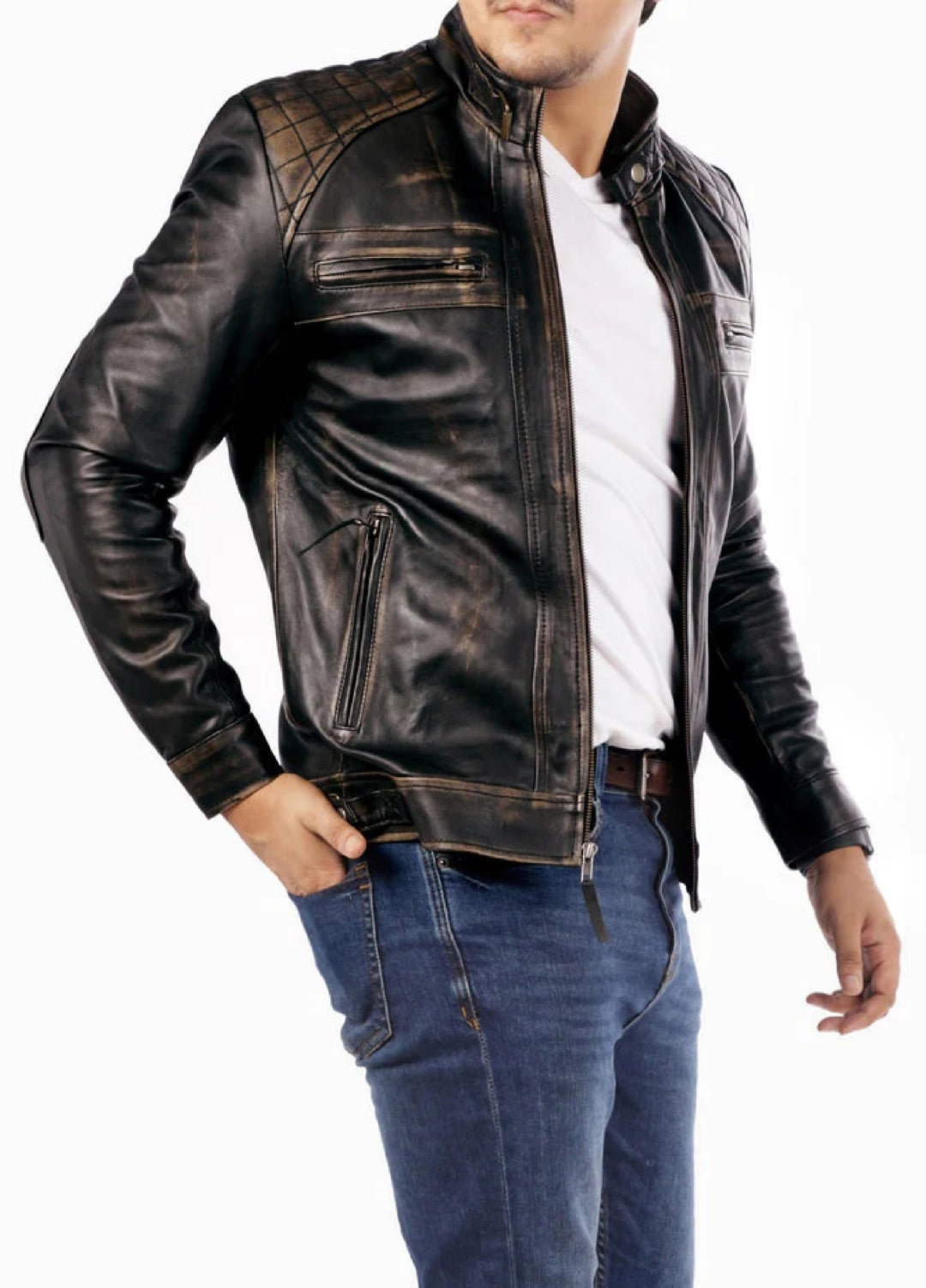 Men's Casual Signature Diamond Lambskin Leather Jacket-Vintage Black