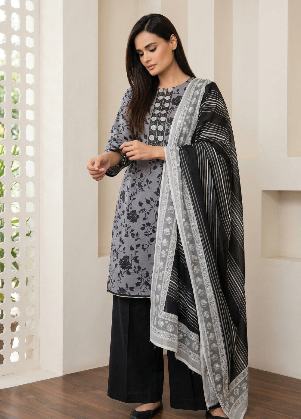 Black N White by Regalia Textiles Unstitched Printed Lawn 3 Piece Suit RG26ULBW D2 - Casual Collection