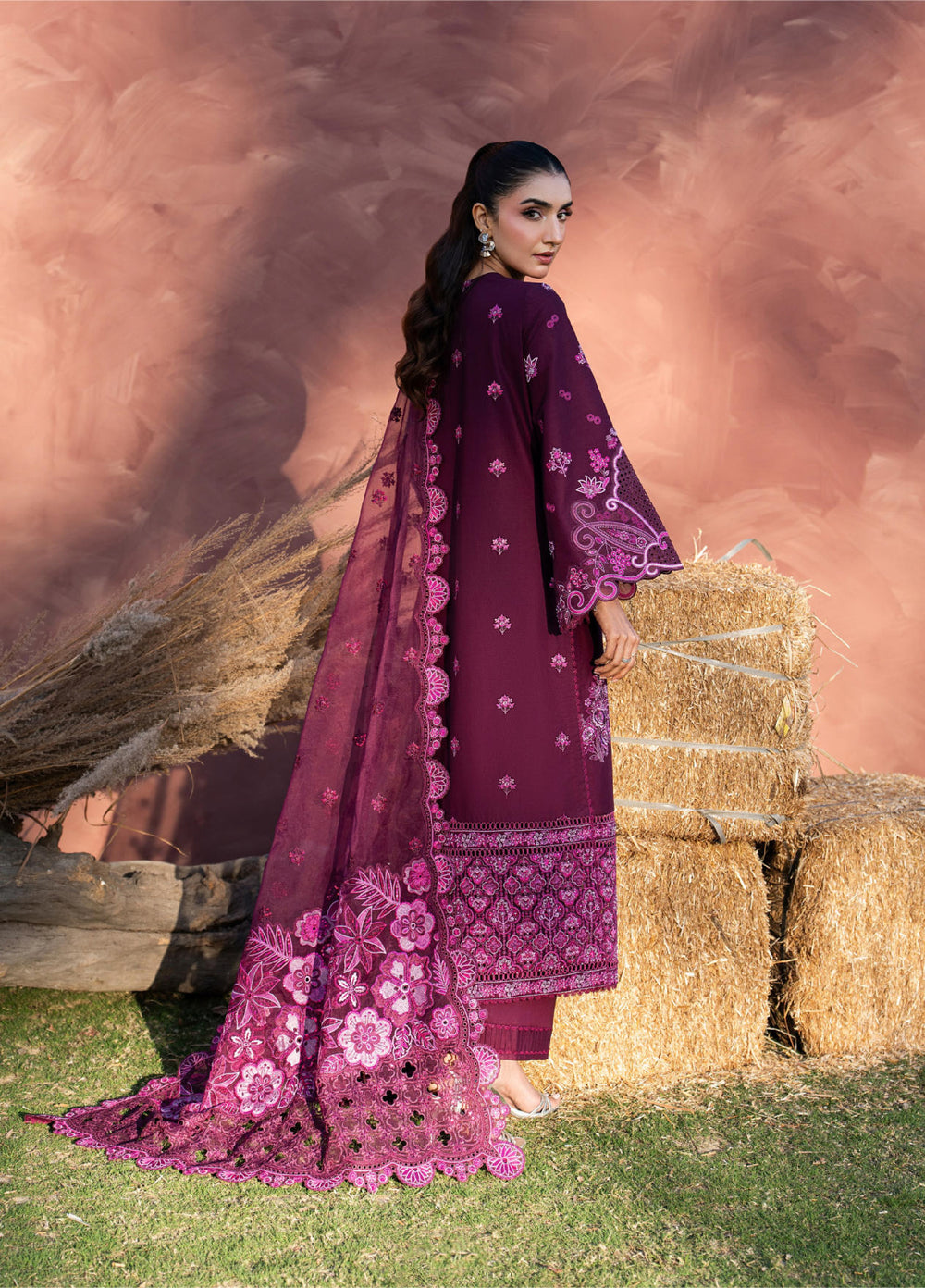 Aura of Flora by Zarizaa Unstitched Embroidered Luxury Lawn 3 Pcs Suit ZZ26UAFL ZA10-3ULE10B-2602 BERRY - Summer