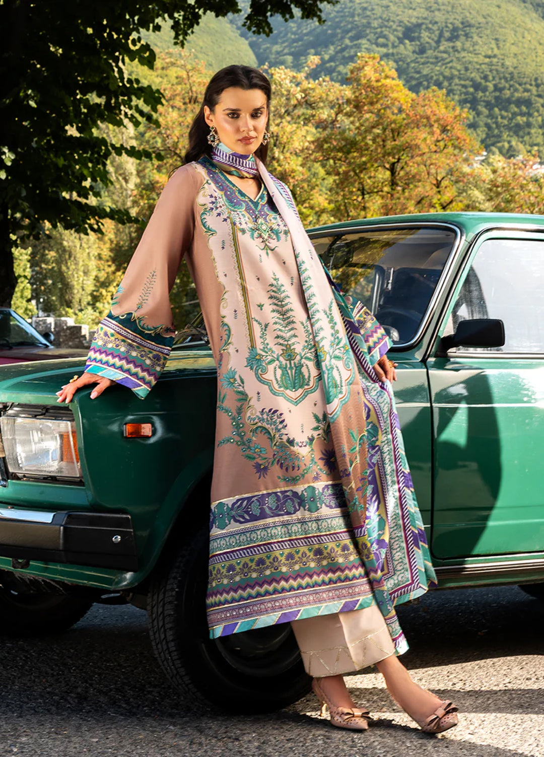 Mushq Hemline Echoes Of Serneity Unstitched Festive Raw Silk Printed 3 Piece MQ25ES D-08 Aurora Echo - Festive Collection
