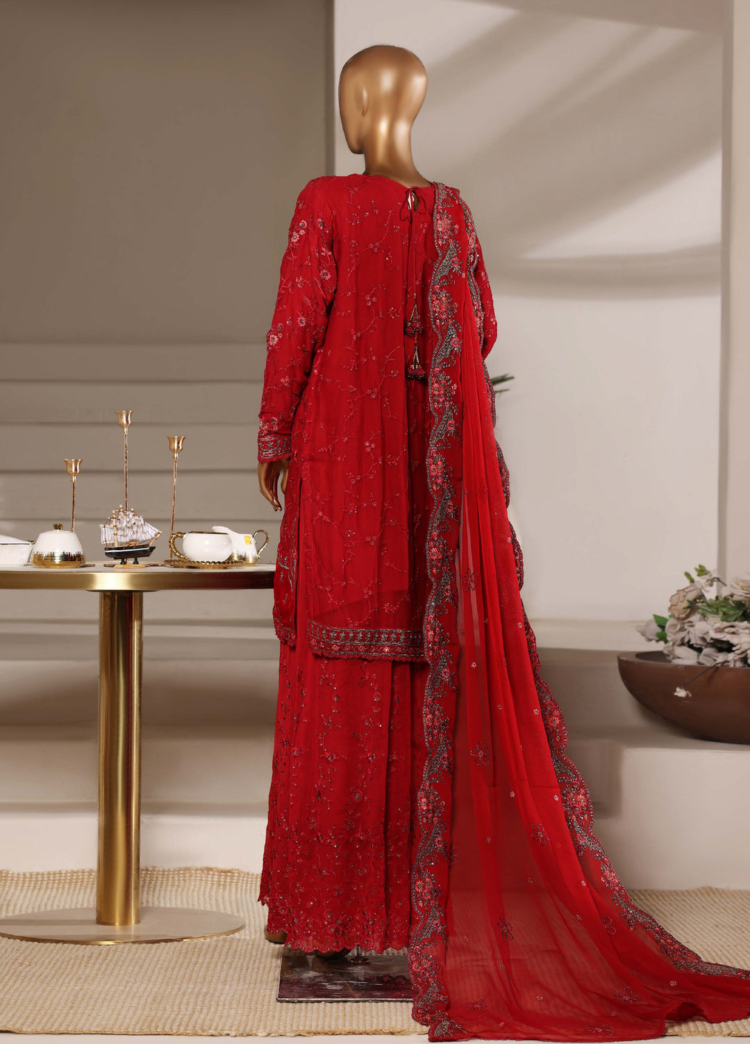 Fasane by HZ Textiles RTW Embroidered Chiffon 3 Piece Suit HZ26UCF HZK-239 Maroon - Festive Collection