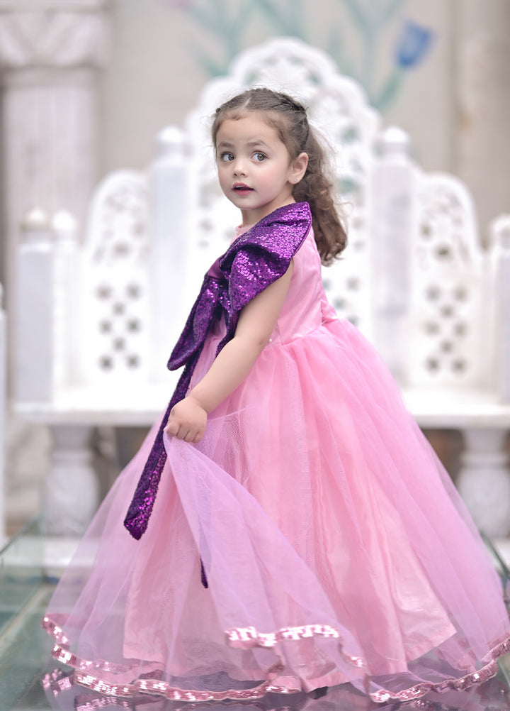 Andaz e Jahan by Qurratulain Saqib Pret kids Bareeze Net 1 Piece Solids Pink Plum Sequins Bow - Wedding Collection