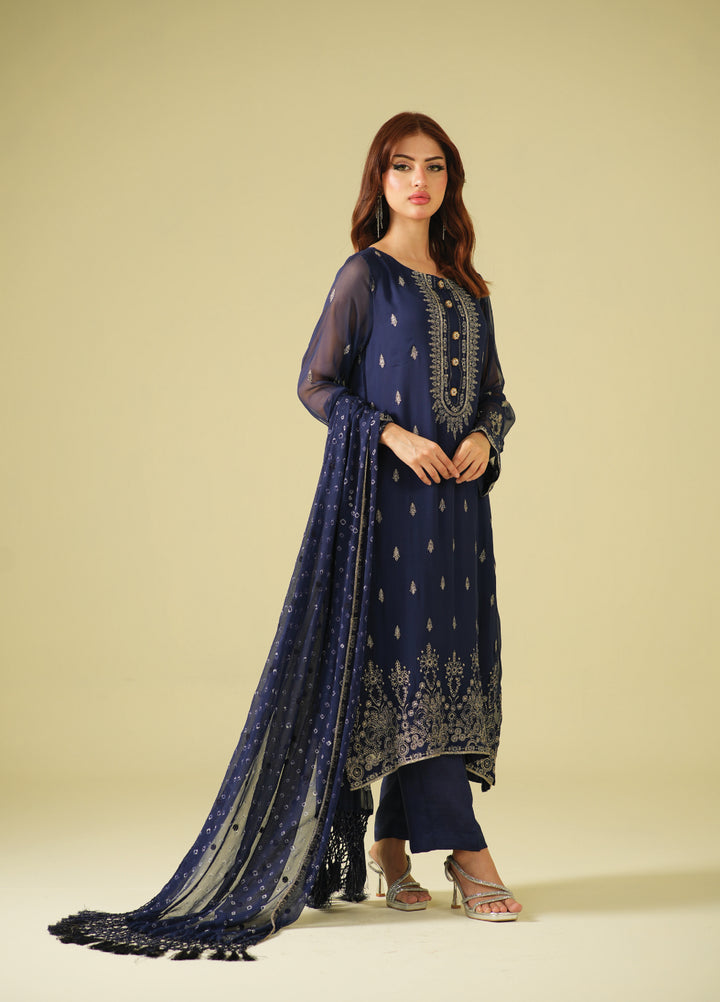 Satrang by Zouj Unstitched Chunri Chiffon Embroidered Suits 3 Piece ZJ25SC ZJCH-0032 Navy Blue - Festive Collection
