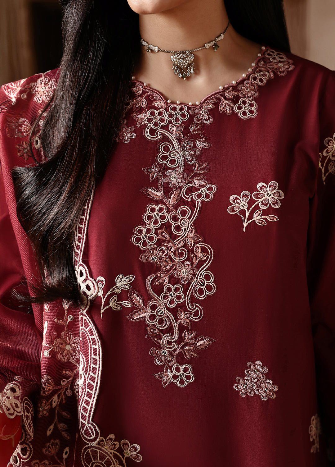 Cross Stitch Unstitched Embroidered Premium Lawn 3 Piece Suit CS26UCPL D1 CRIMSON DRAPE - Eid Collection