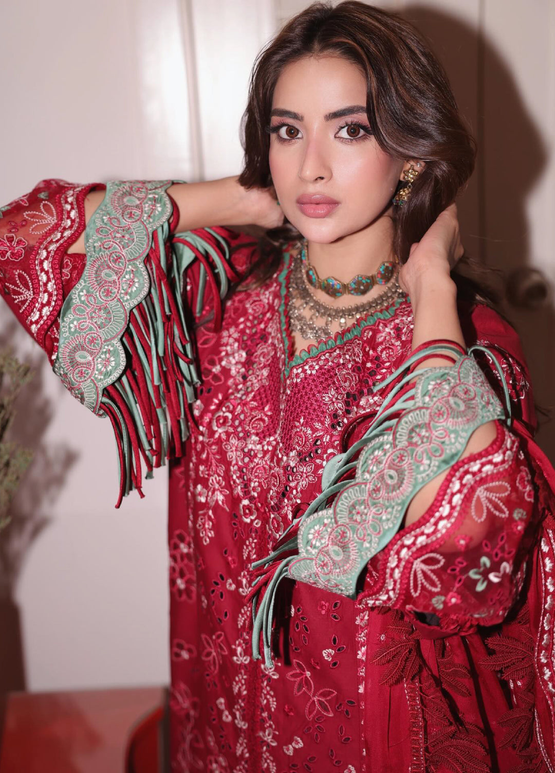 Camelia by Sundas Ahad Unstitched Embroidered Luxury Lawn 3 Piece Suit SNA26UC EL-02 Red Rouge - Festive Collection
