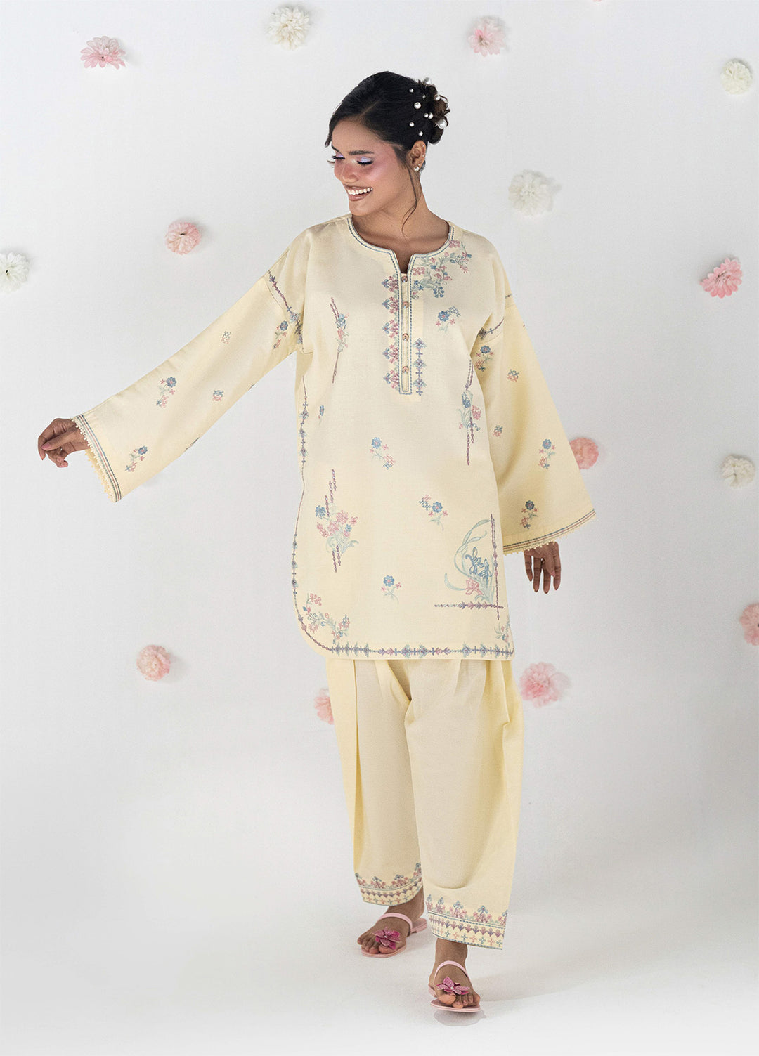 Blush N Bliss by Sahane Women RTW Embroidered Dobby Lawn 2 Piece Suit Honey Butter LP63008 Casual Collection