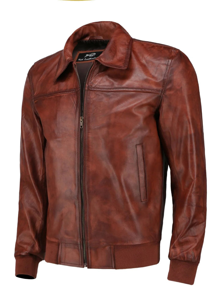 Jild Bomber Jacket Solids Mens Zipper Vintage Bomber Polo Leather Jacket Brown - Winter Collection