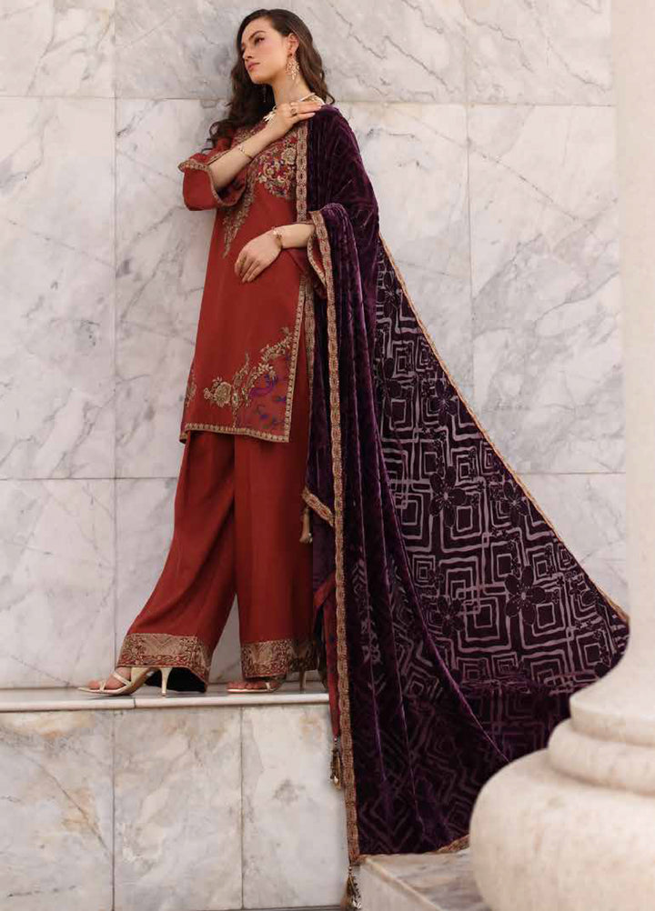 Poshima by Charizma Unstitched Peach Leather Embroidered Suit with Velvet Shawl 3 Piece CRZ25LW PSW5-22 - Winter Collection