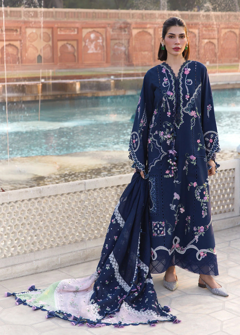 Flow by Crimson Unstitched Embroidered Lawn 3 Piece Suit CR26UFL D7 B-Midnight Blue - Festive Collection
