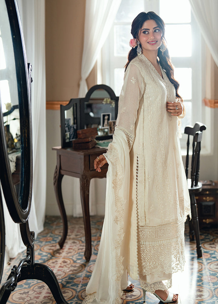 Eid Ensembles by Azure Unstitched Embroidered Khaddi Net 3 Piece Suit AZ26UEE ES-136 Ivory Petal - Eid Collection