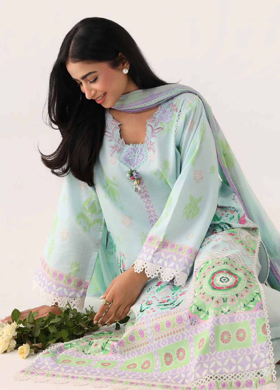Rosette by Roheenaz Unstitched Lawn Embroidered 3 Piece Suit RNZ26UR Cool Mirage-3B - Summer Collection
