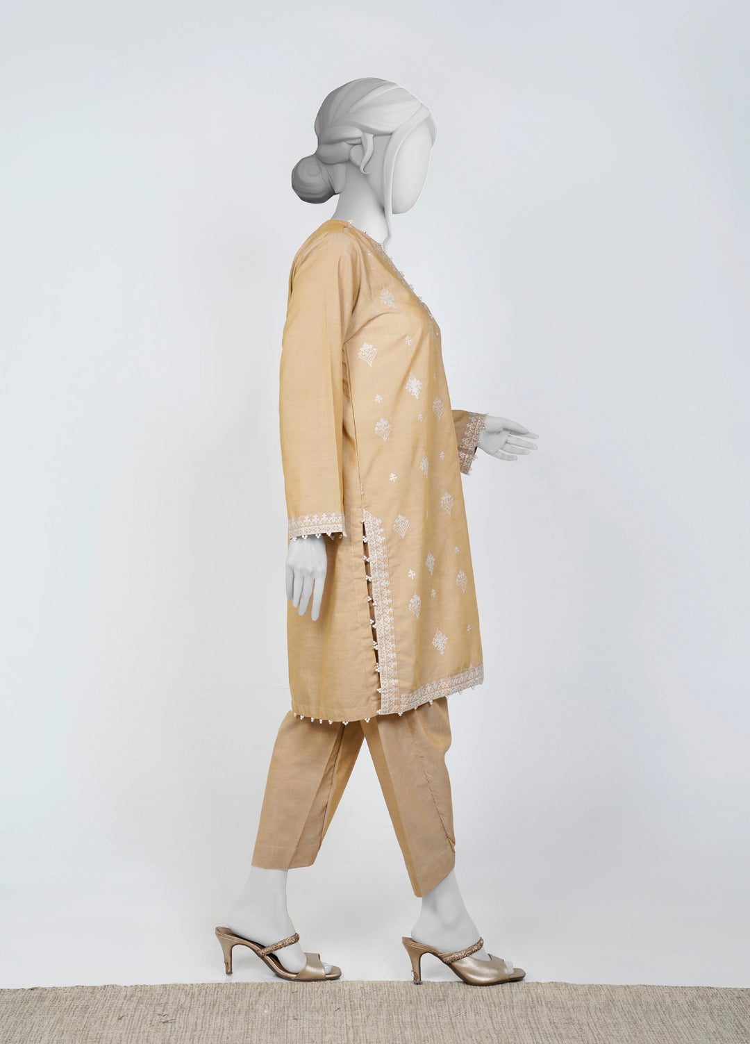 Ayla Studio Women Pret Chambray Solid Embroidered 2-Piece RTW Beige - Winter Collection