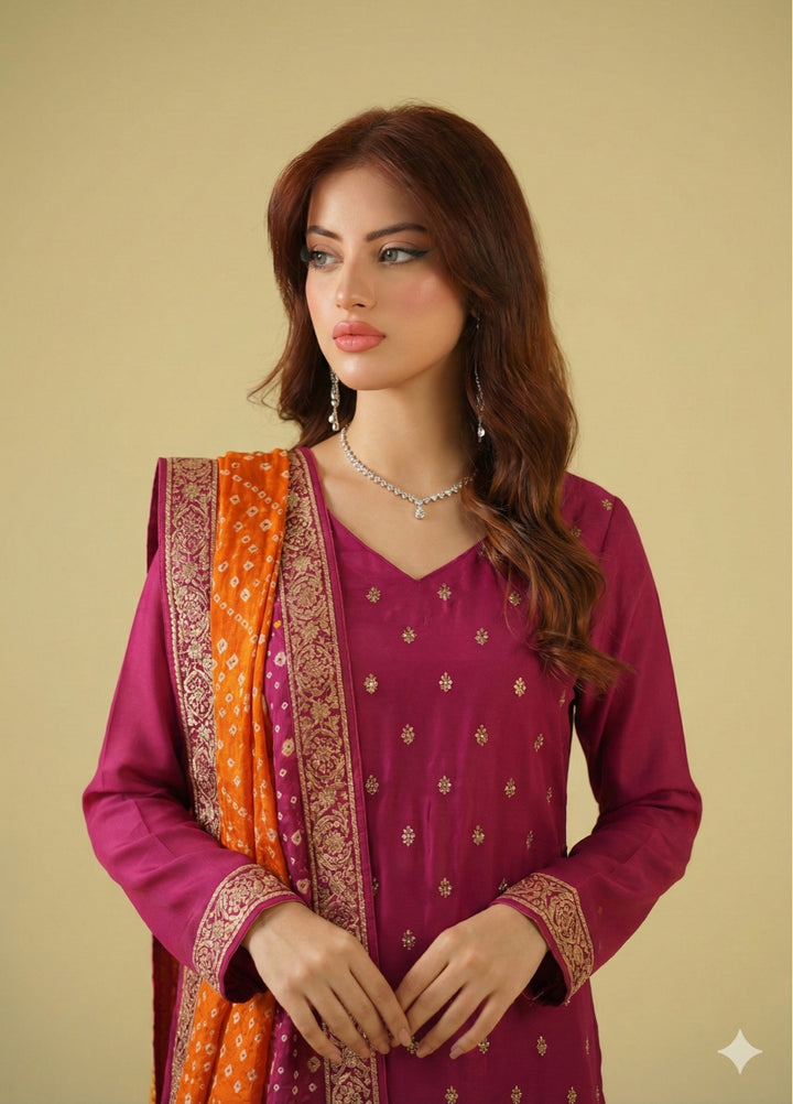 Satrang by Zouj Unstitched Chunri Chiffon Embroidered Suits 3 Piece ZJ25SC ZJCH-0033 Pink - Festive Collection