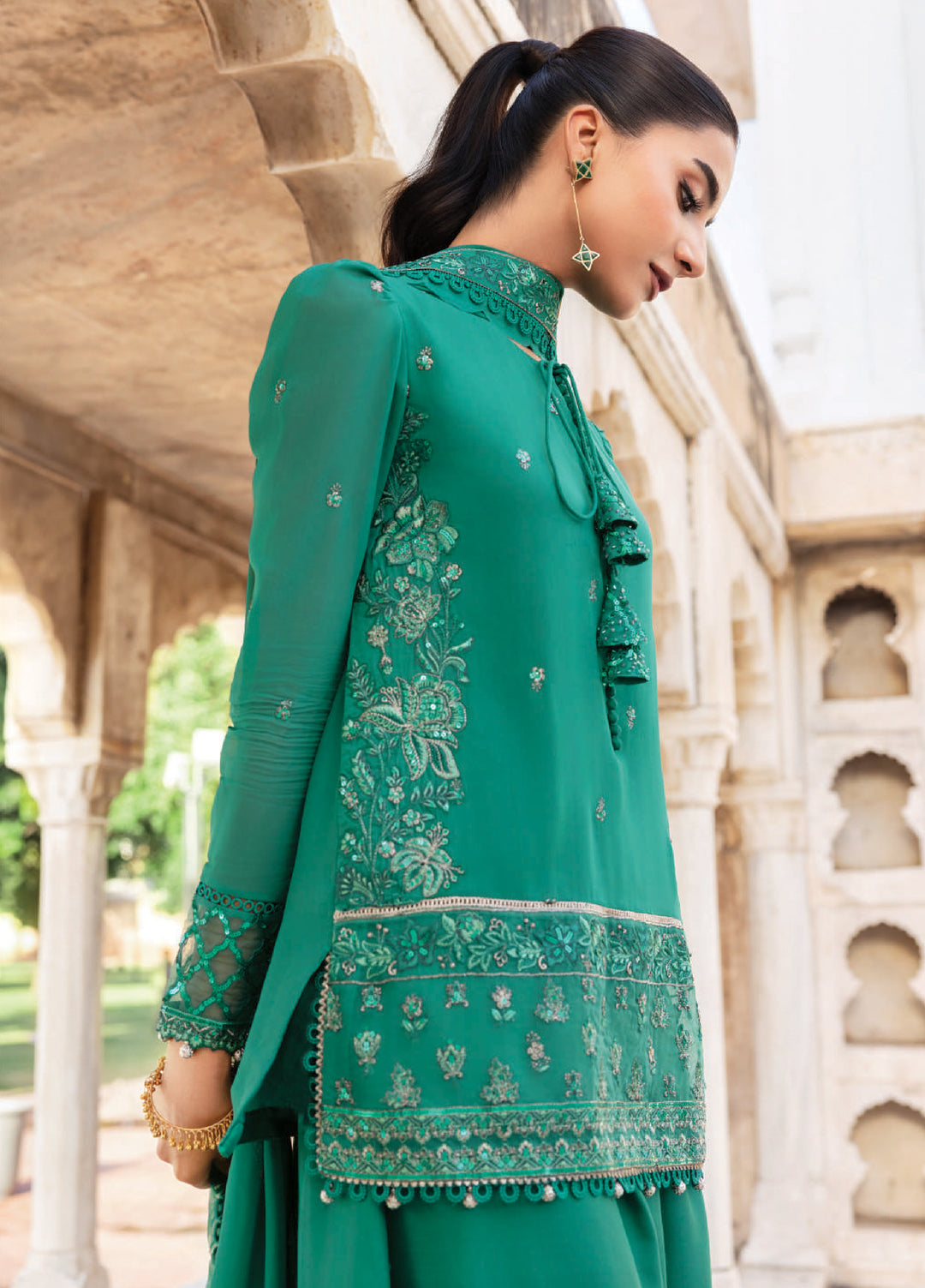 M basics by Maria B Unstitched Organza Embroidered Suits 3 Piece MB25WF D-803 Teal Green - Winter Collection