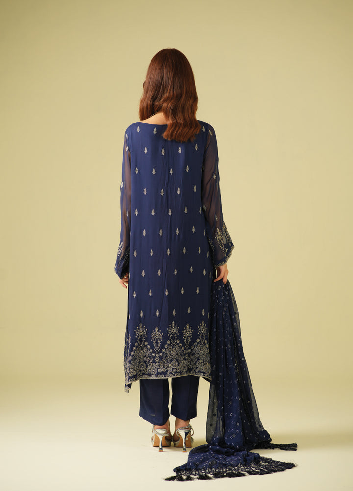 Satrang by Zouj Unstitched Chunri Chiffon Embroidered Suits 3 Piece ZJ25SC ZJCH-0032 Navy Blue - Festive Collection