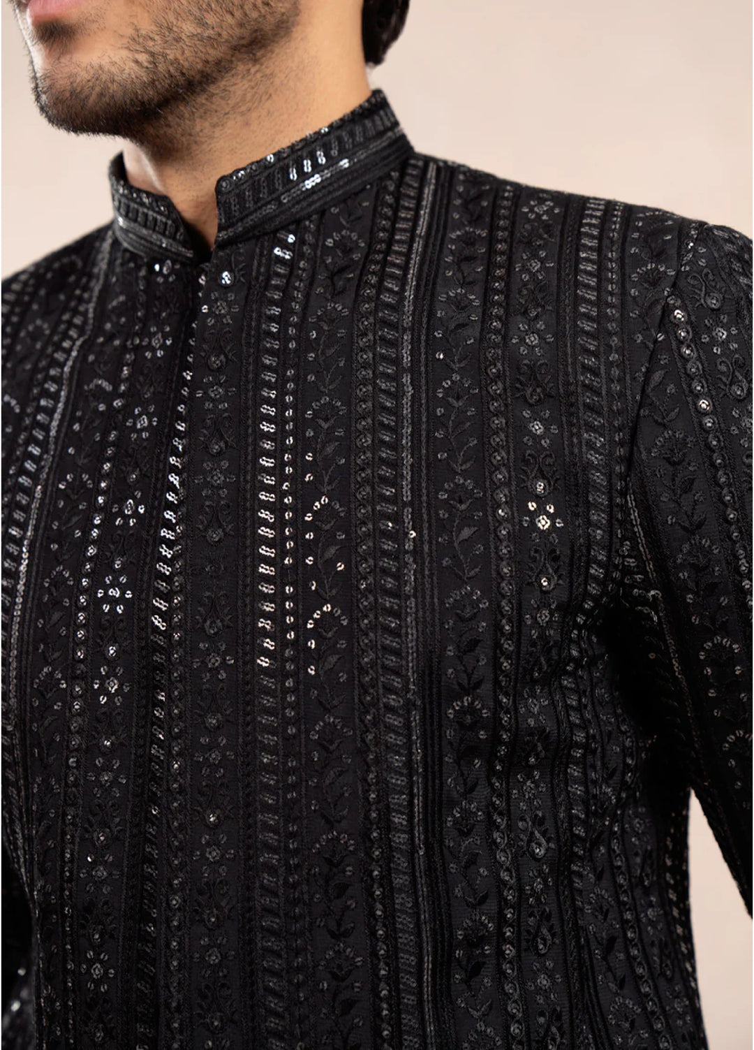 Muraqsh Ready To Wear Embroidered Cotton Men Black Falling Pani Sequin Prince Coat MUR-BFE-P - Summer Collection