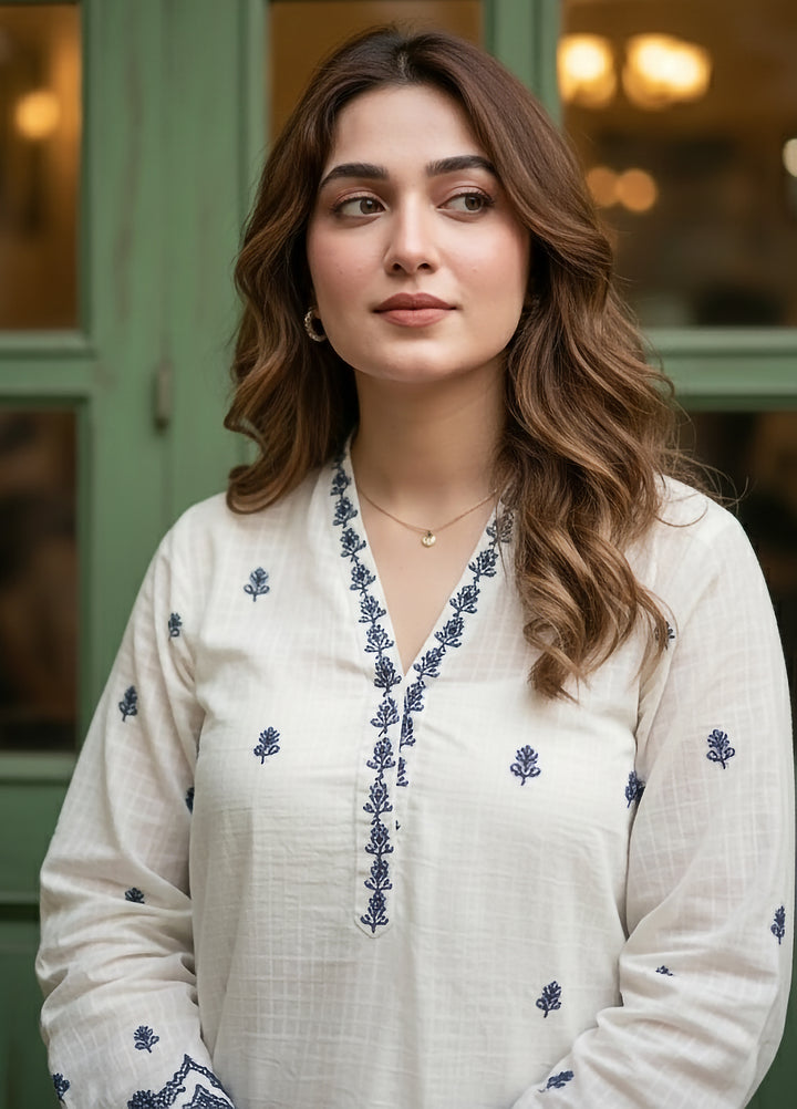 Lakhany Women Pret Embroidered Cambric Shirt White - Winter Collection