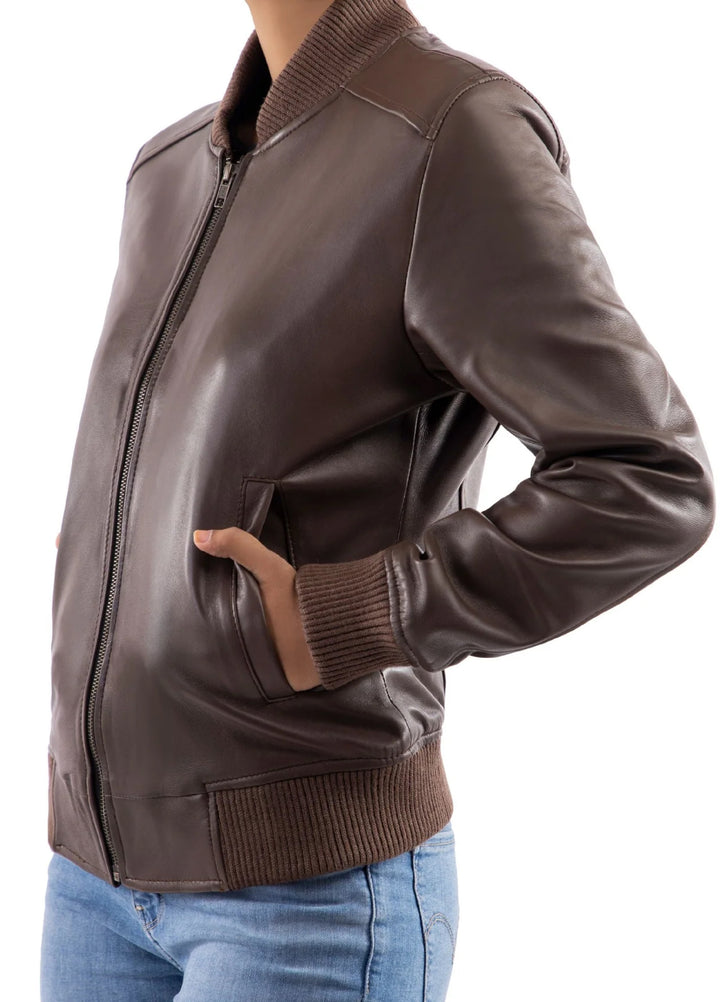 Jild Bomber Jacket Solids Womens Bomber Leather Jacket Brown - Winter Collection