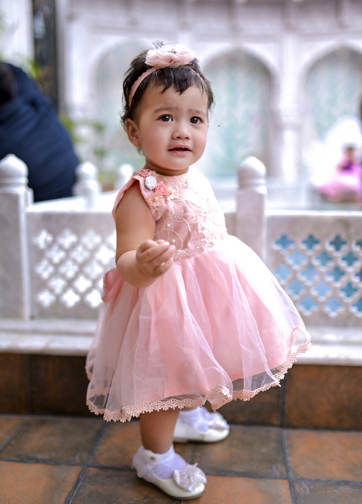 Andaz e Jahan by Qurratulain Saqib Pret kids Bareeze Net 1 Piece Embroidered Baby Frock - Wedding Collection