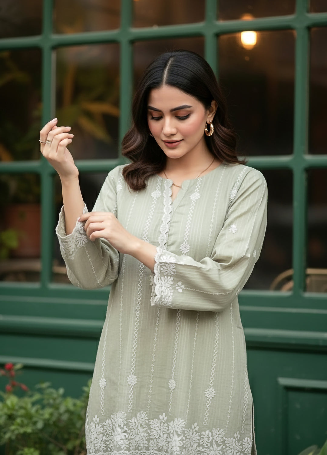 Lakhany Women Pret Embroidered Cambric Shirt Sage - Winter Collection