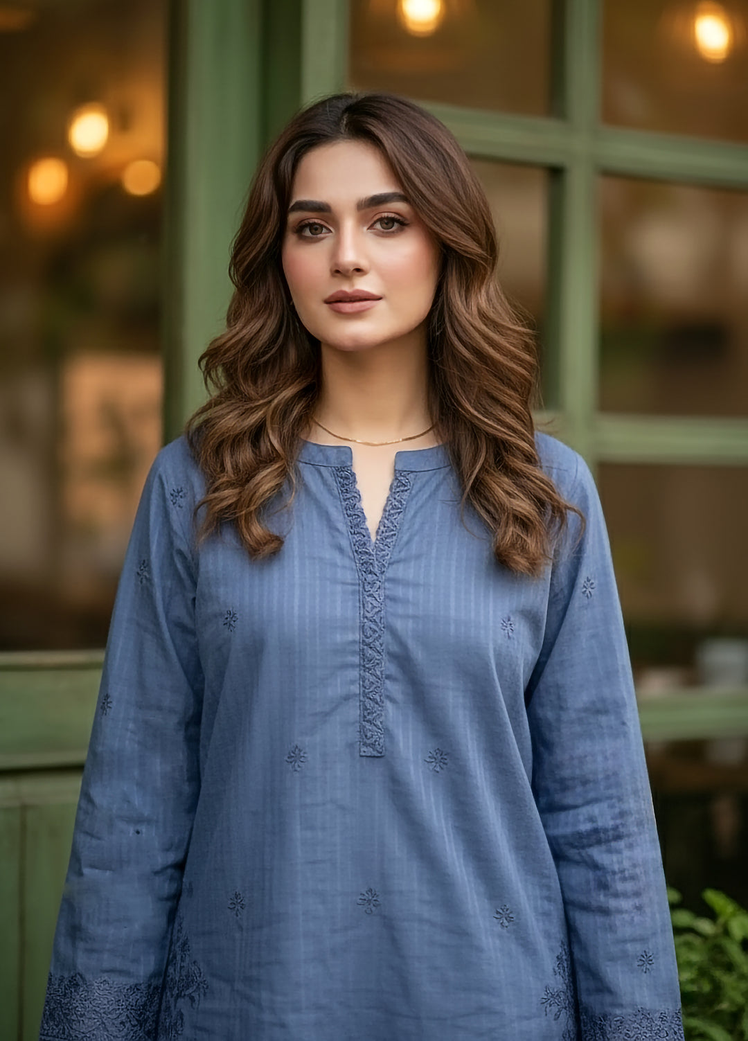 Lakhany Women Pret Embroidered Cambric Shirt Ink Blue - Winter Collection