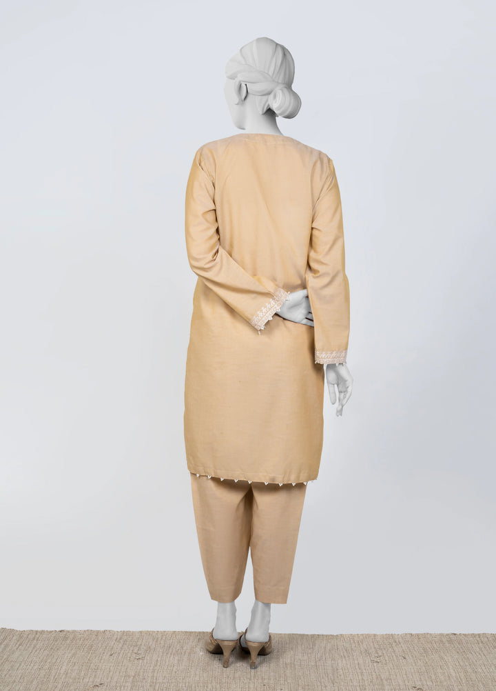 Ayla Studio Women Pret Chambray Solid Embroidered 2-Piece RTW Beige - Winter Collection