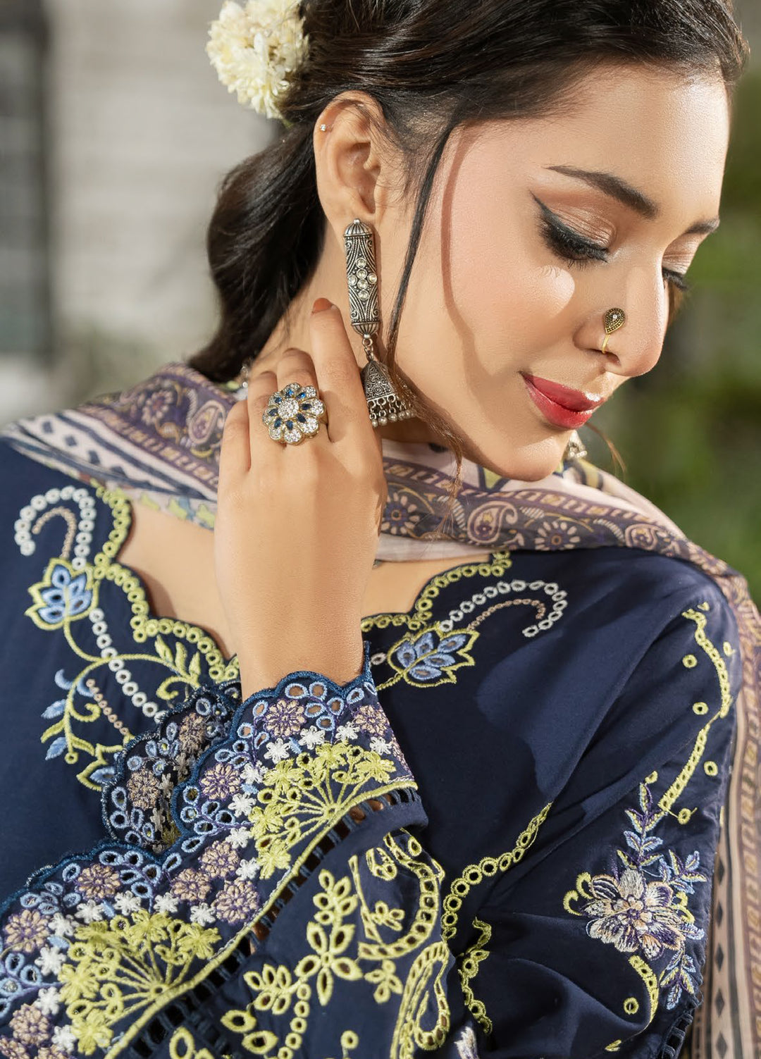 Dhaga Women RTW Embroidered Cotton 3 Piece DHG26PCN Royal azure - Eid Collection