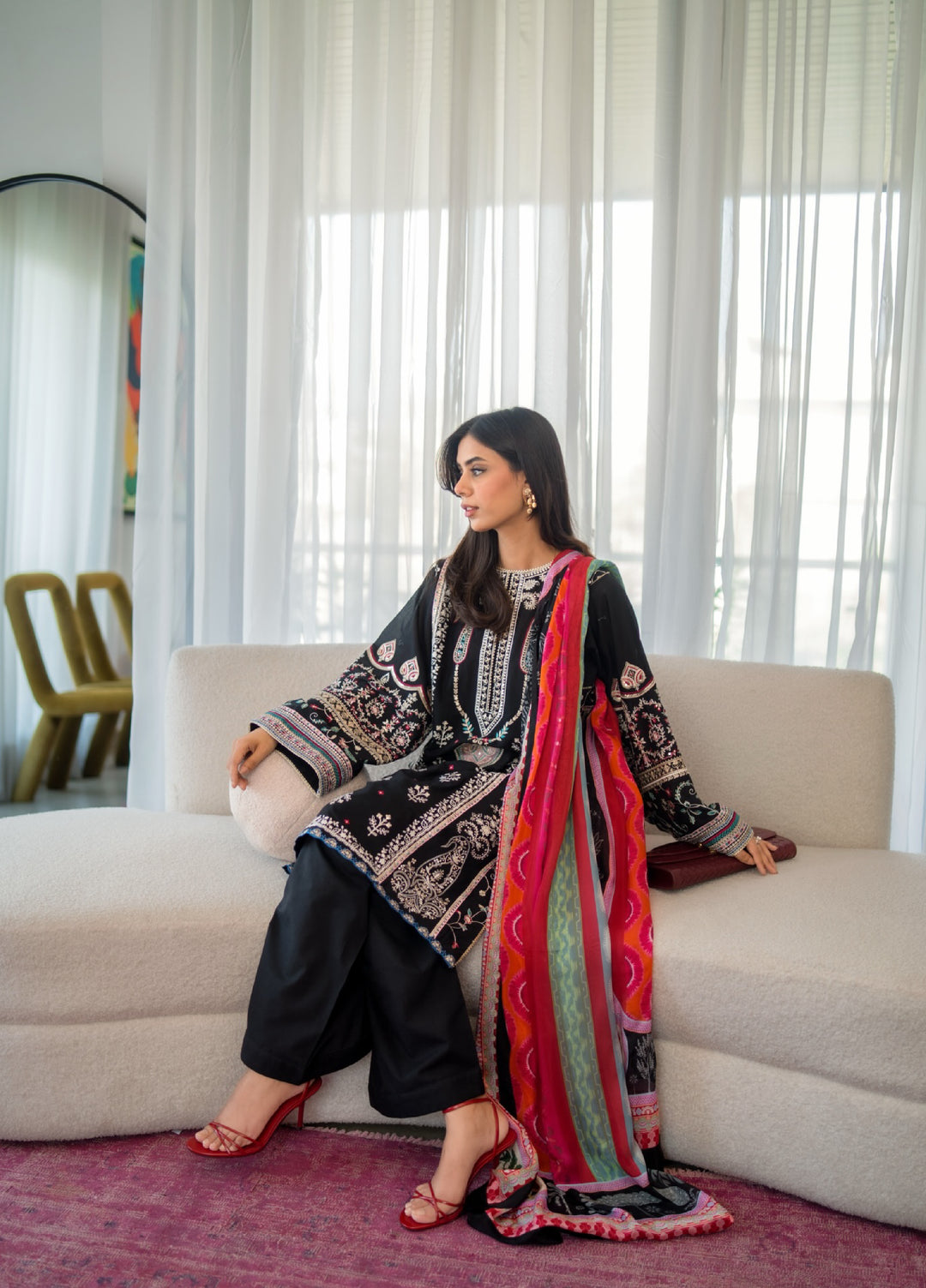 Siraa by Sadaf Fawad Khan Unstitched Embroidered Luxury Lawn 3 Piece Suit SDF26USL Kohl - Festive Collection