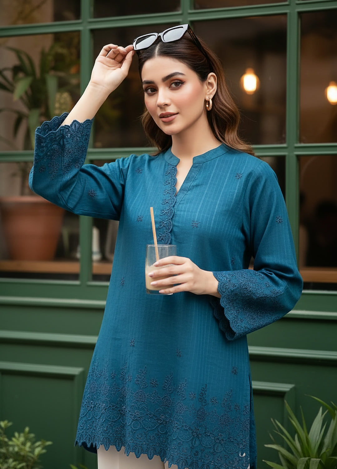 Lakhany Women Pret Embroidered Cambric Shirt  Teal - Winter Collection