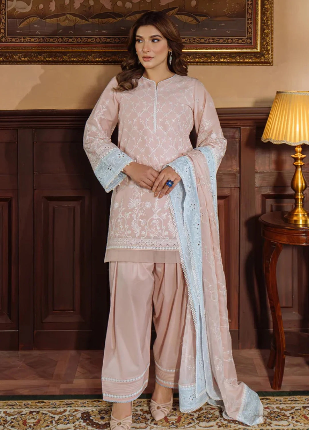 Sahar Embroidered Chikankari Suit Unstitched 3 Piece CK-25-V1-03 Pastel Rose - Festive Collection