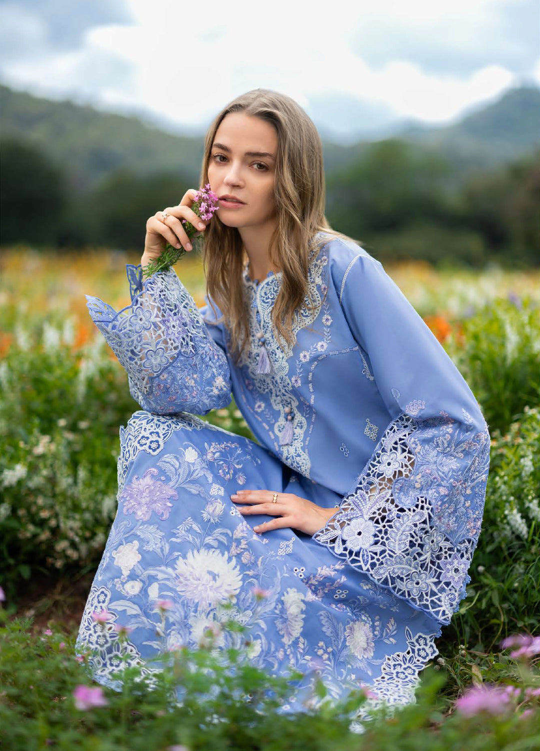 The Secret Garden by Mushq Hemline Unstitched Lawn 3 Piece Suit MU26USG D-15A Azure Bloom - Summer Collection