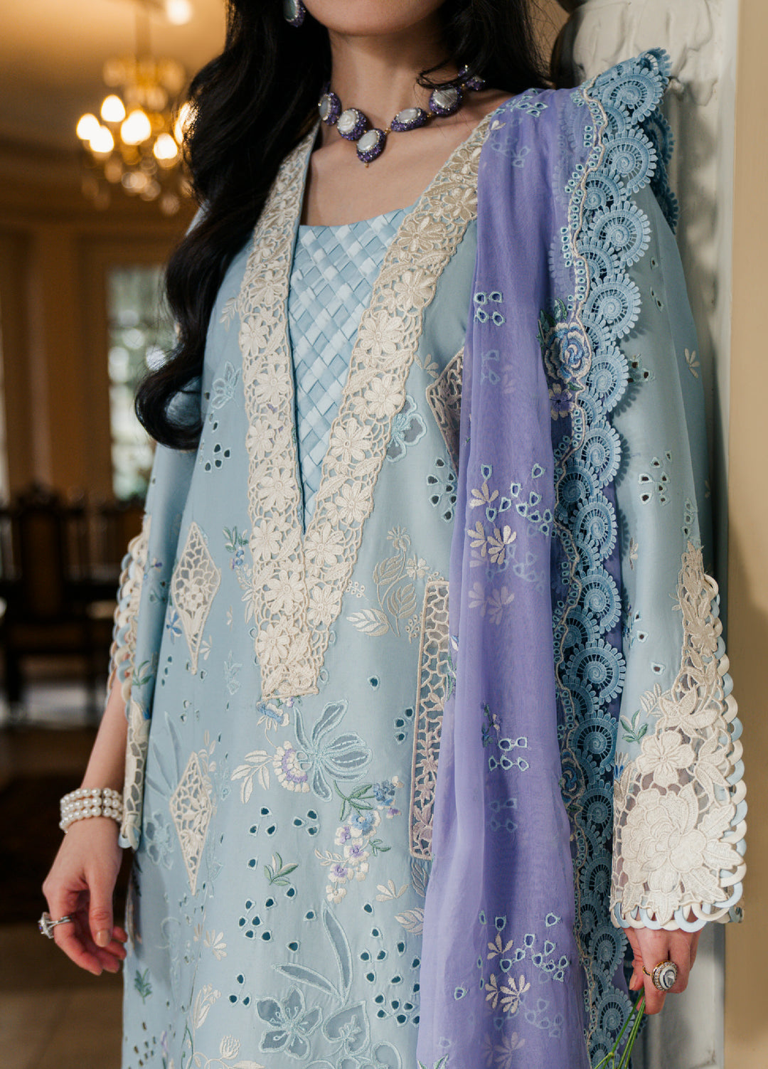 Camelia by Sundas Ahad Unstitched Embroidered Luxury Lawn 3 Piece Suit SNA26UC EL-05 Ice Blue - Festive Collection