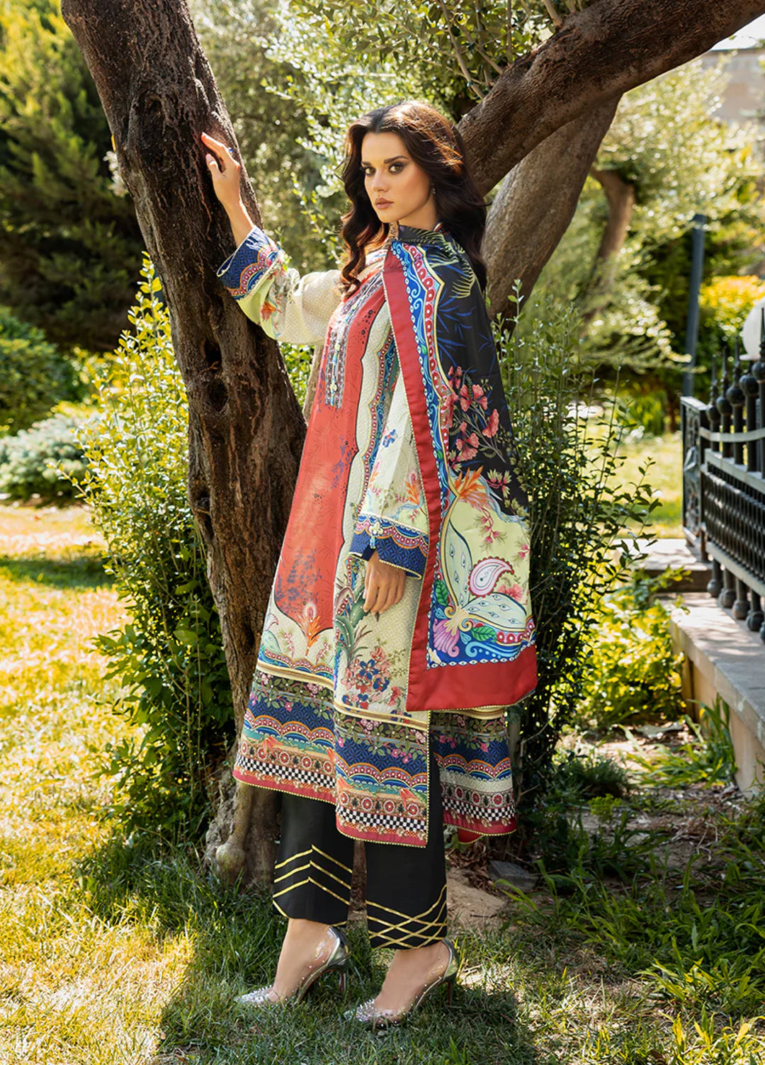 Mushq Hemline Echoes Of Serneity Unstitched Festive Raw Silk Printed 3 Piece MQ25ES D-05 Ethereal Gleam - Festive Collection