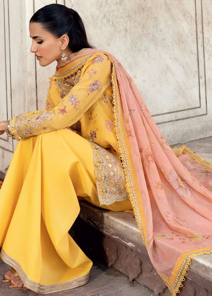 M basics by Maria B Unstitched Organza Embroidered Suits 3 Piece MB25WF D-804 Yellow - Winter Collection